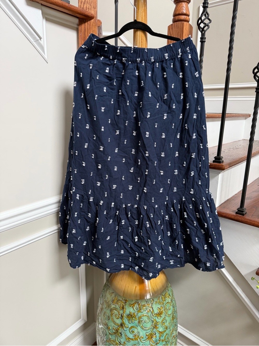 LOFT cotton Navy Blue Printed Tiered Midi Skirt